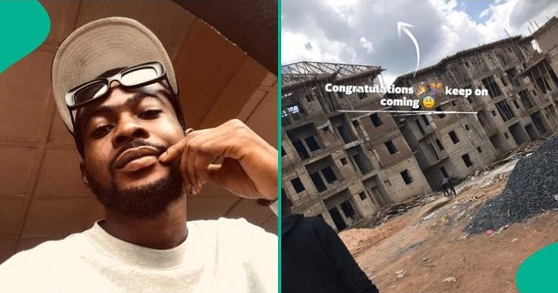 Man displays his gigantic 4-storey building. Man displays his gigantic 4-storey building.