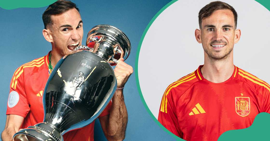 Fabián Ruiz poses with the Euro 2024 trophy (L) and in uniform against a white background (R)