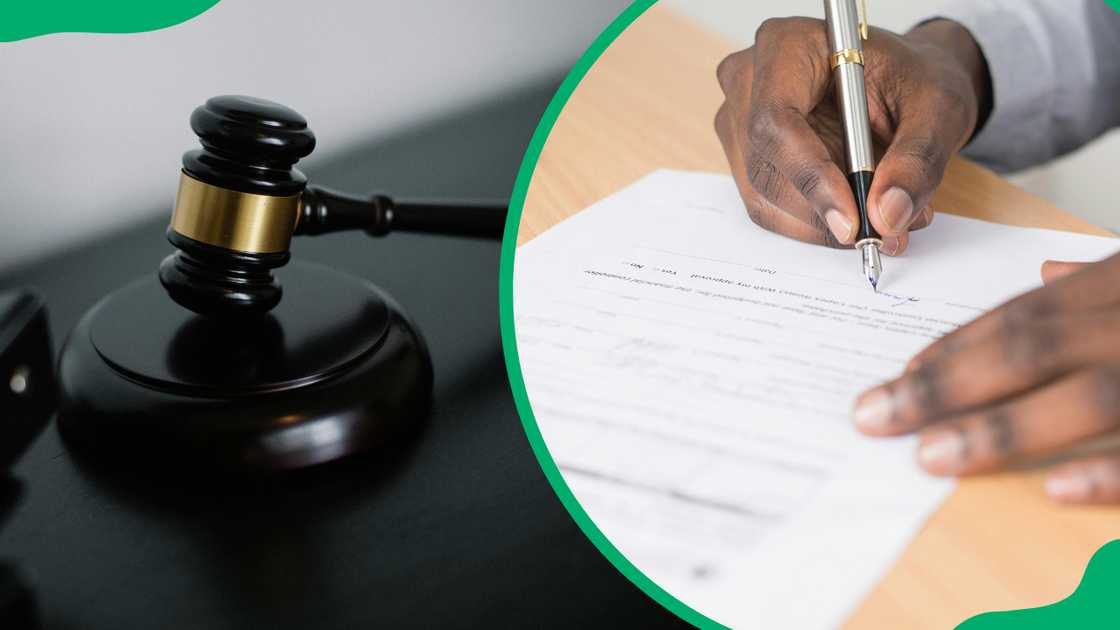 A close-up of a woody gavel and a manus signing an authoritative document A close-up of a woody gavel and a manus signing an authoritative document