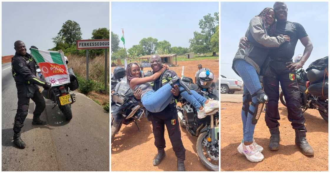 Burkinabe lady, challenge, London to Lagos biker, Kunle Adeyanju, carries Burkinabe lady