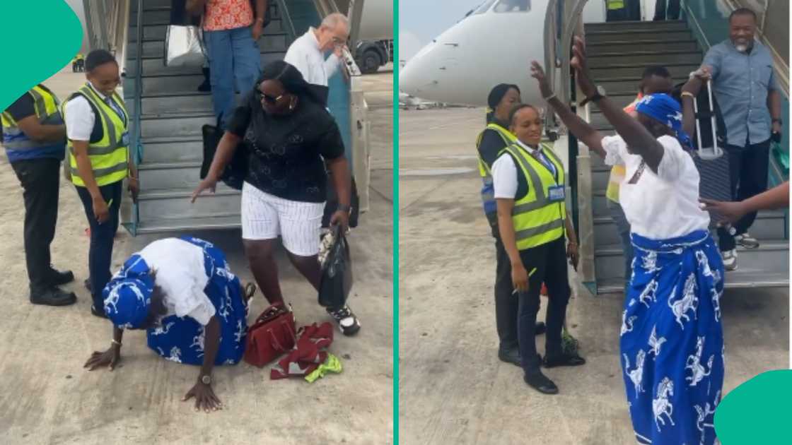 Woman overjoyed after alighting from airplane. Woman overjoyed after alighting from airplane.