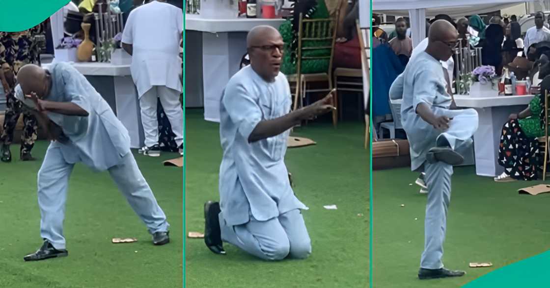 Elderly man performs breakdance at wedding reception