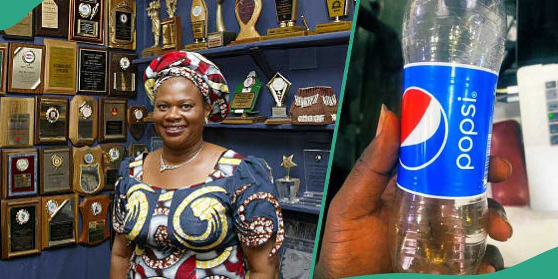 Picture of late NAFDAC boss Prof Dora Akunyili and a fake Pepsi bottle Picture of late NAFDAC boss Prof Dora Akunyili and a fake Pepsi bottle