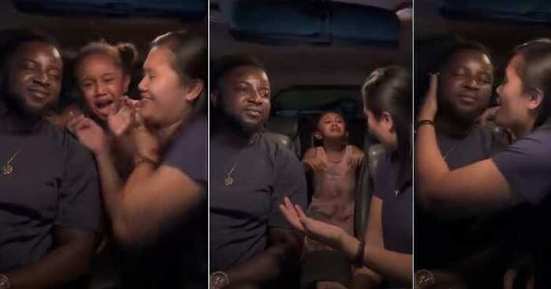 Mum fights little daughter, dad's attention, kiss on cheeks Mum fights little daughter, dad's attention, kiss on cheeks