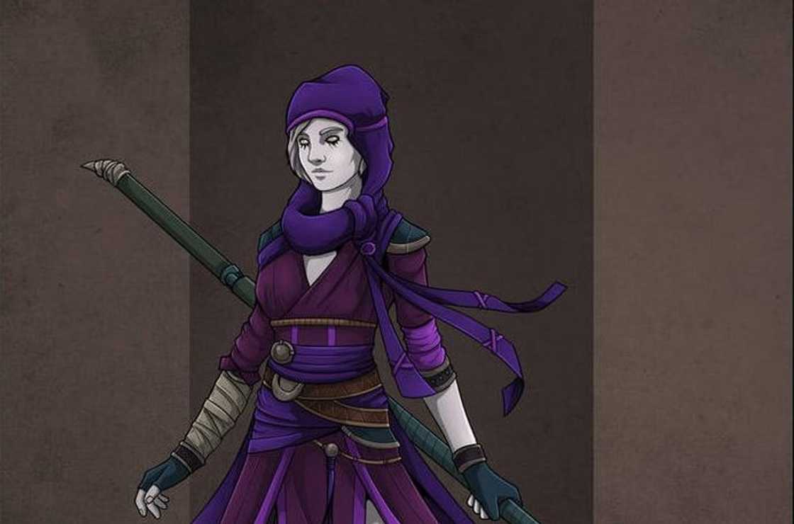Changelings monk in a purple outfit and a sword at the back Changelings monk in a purple outfit and a sword at the back