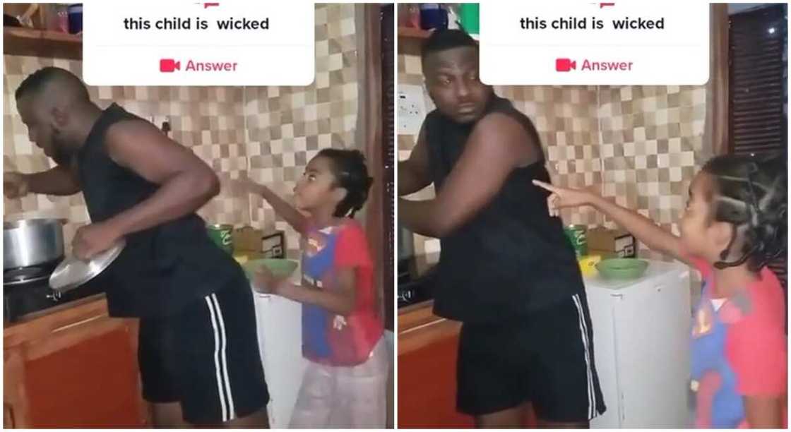 Photos of a funny girl scolding an adult after he stole meat from soup pot. Photos of a funny girl scolding an adult after he stole meat from soup pot.