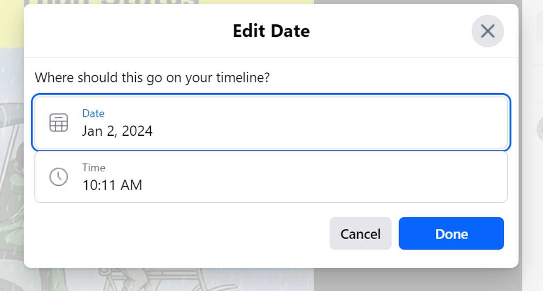 Screenshot showing how to backdate a Facebook post Screenshot showing how to backdate a Facebook post