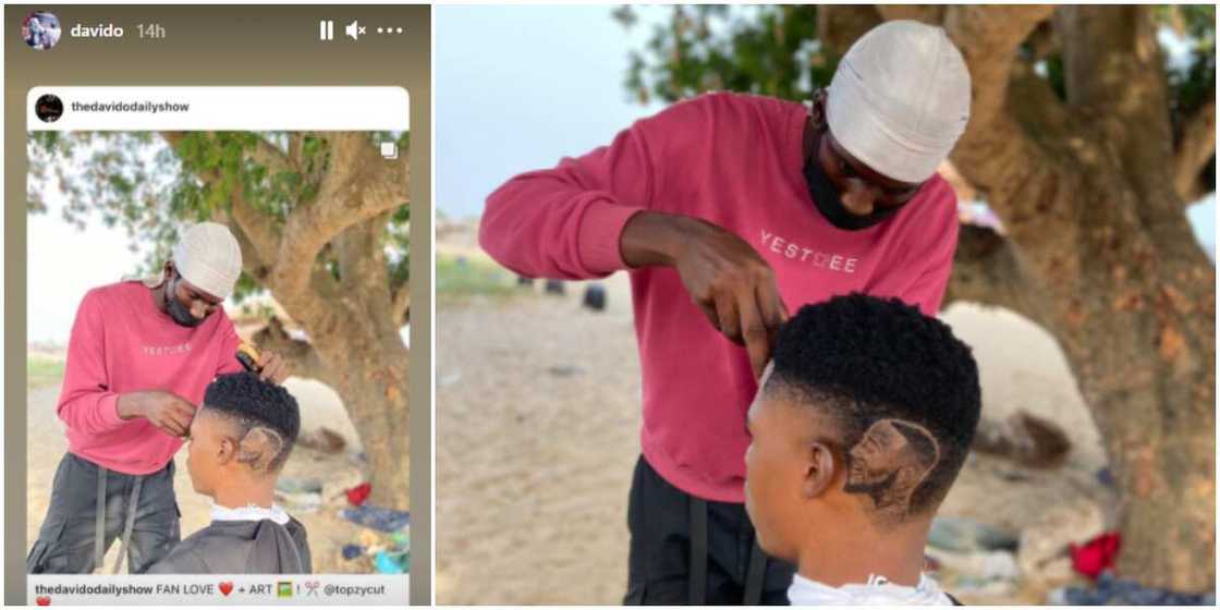 Davido reacts as talented barber carves his face on a young man's head Davido reacts as talented barber carves his face on a young man's head