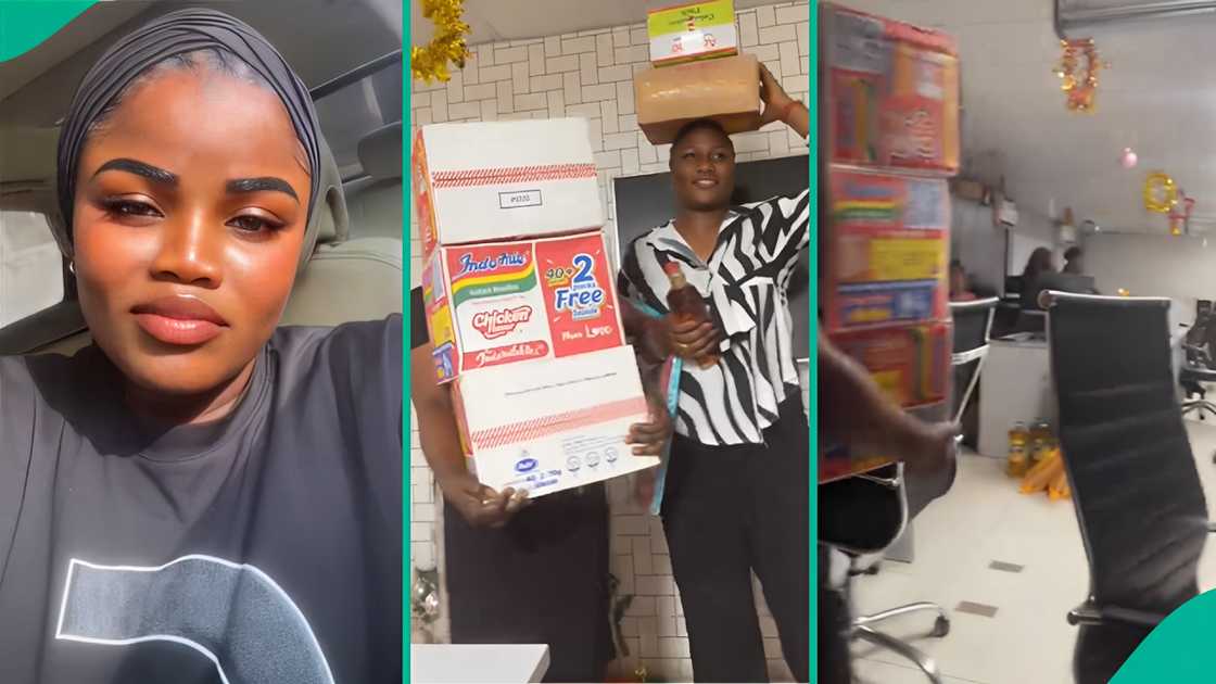 A Nigerian woman celebrates items her company people gave her for Christmas A Nigerian woman celebrates items her company people gave her for Christmas