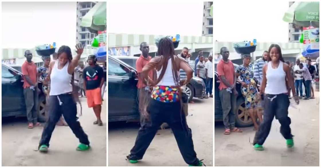 Odoyewu dance challenge, Kizz Daniel, lady dances on street, pulls trouser Odoyewu dance challenge, Kizz Daniel, lady dances on street, pulls trouser