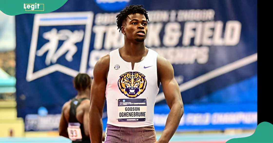 Godson Oghenebrune stands during a track and field event