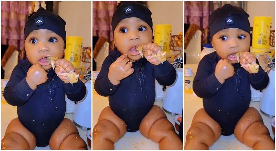 Photos of a baby eating chicken bone. Photos of a baby eating chicken bone.
