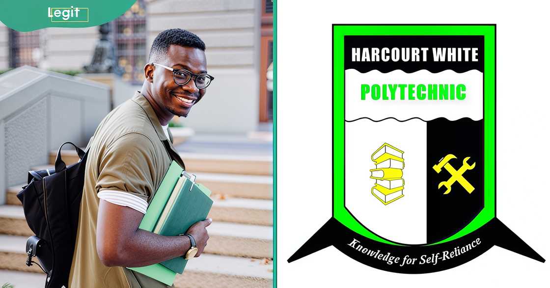 A college student holds books. The Harcourt White Polytechnic logo