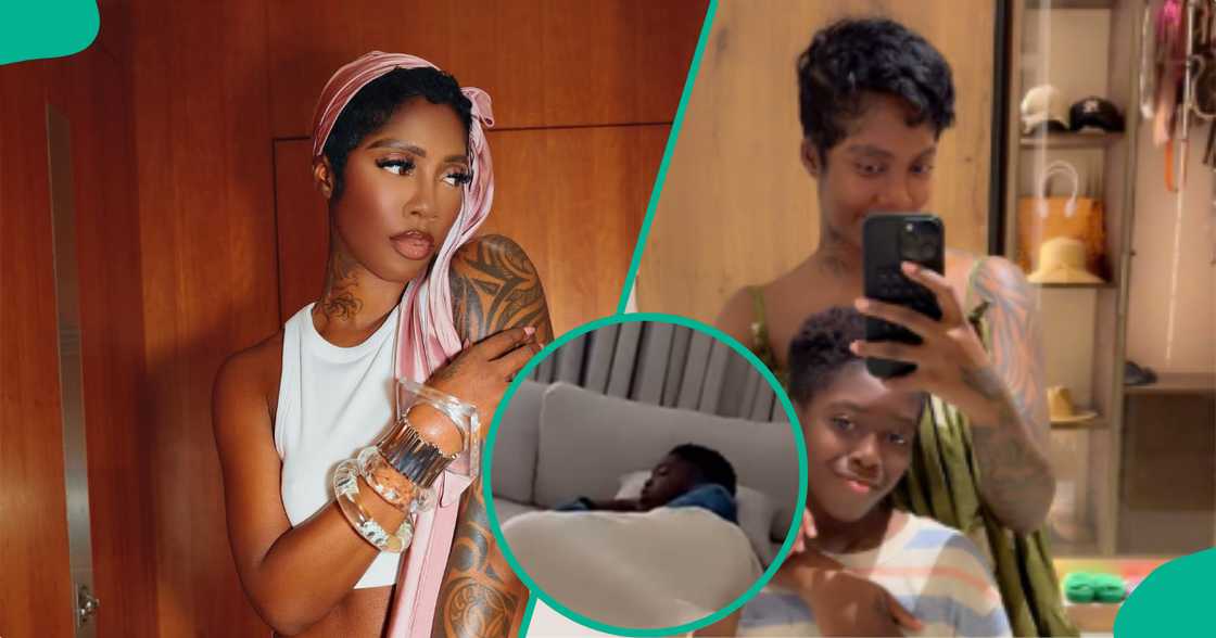 Tiwa Savage gets emotional over her son's reaction after she disciplined him. Tiwa Savage gets emotional over her son's reaction after she disciplined him.