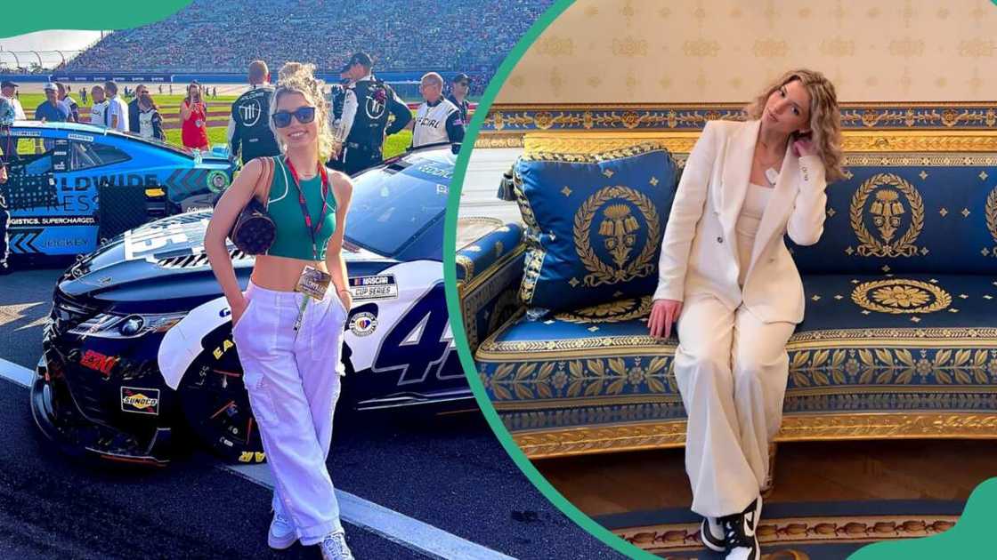 Megan Eugenio posing next to a car (L). Megan in white sitting on a couch (R) Megan Eugenio posing next to a car (L). Megan in white sitting on a couch (R)