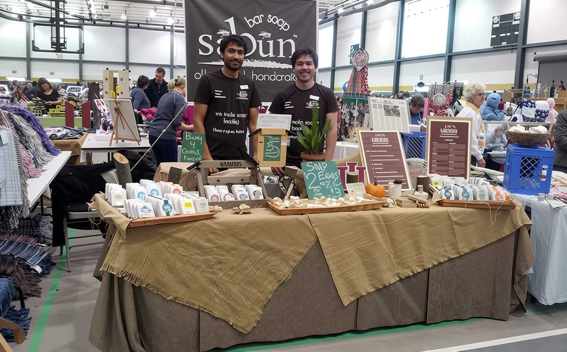 The Mad Optimist co-owners stand behind a table with some of their products.