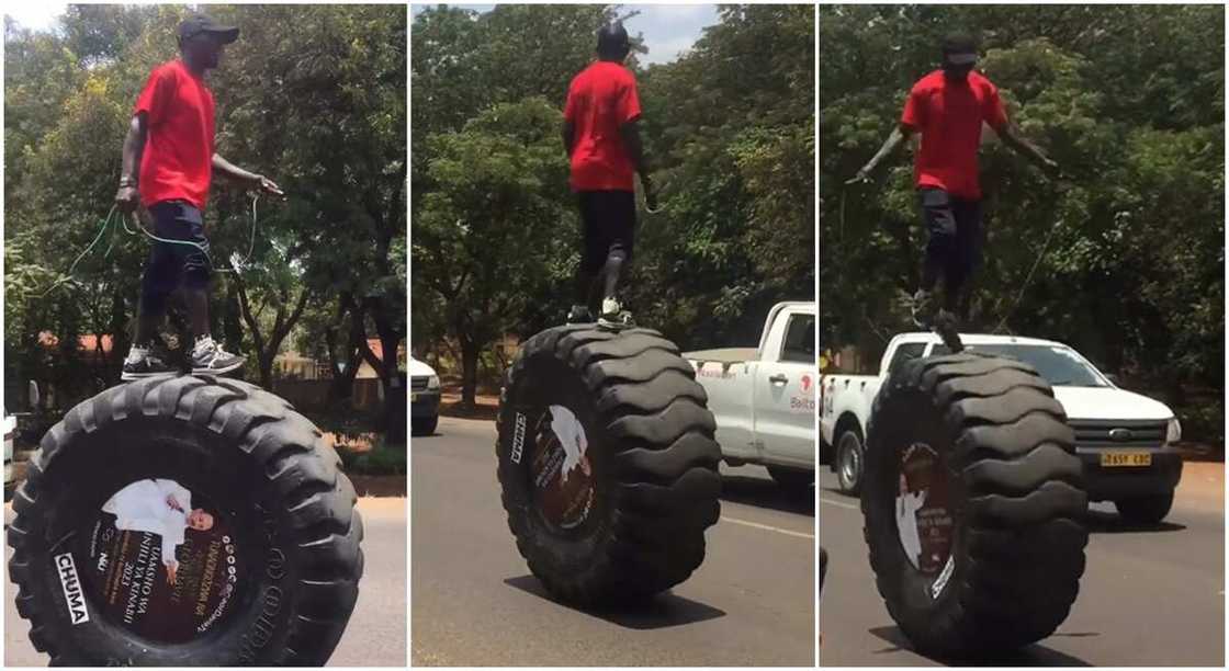 Photos of a man on a tractor tire. Photos of a man on a tractor tire.