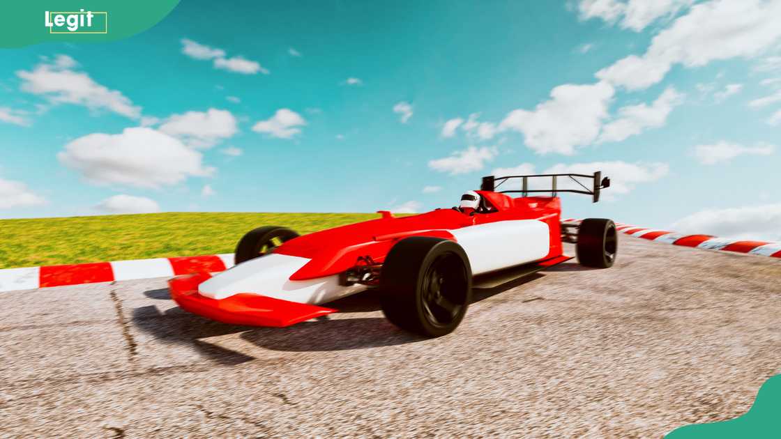 Racecar driver goes fast in a racecar on a sports track during a race Racecar driver goes fast in a racecar on a sports track during a race