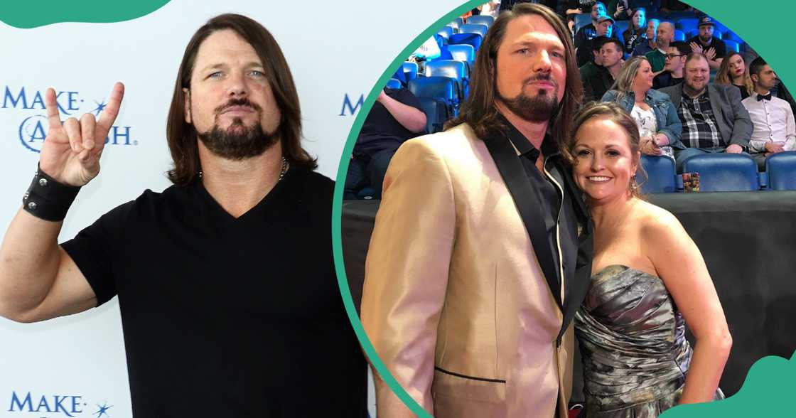 AJ styles and his wife poses standing. AJ styles and his wife poses standing.