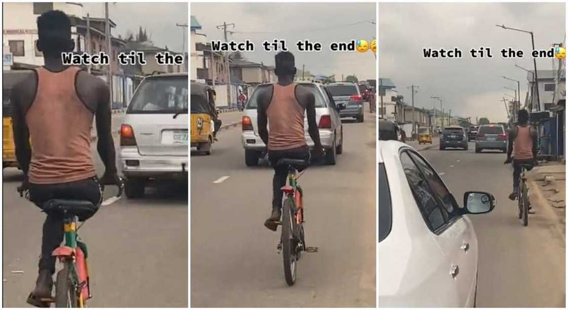 Photos of a physically challenged man riding a bicycle.