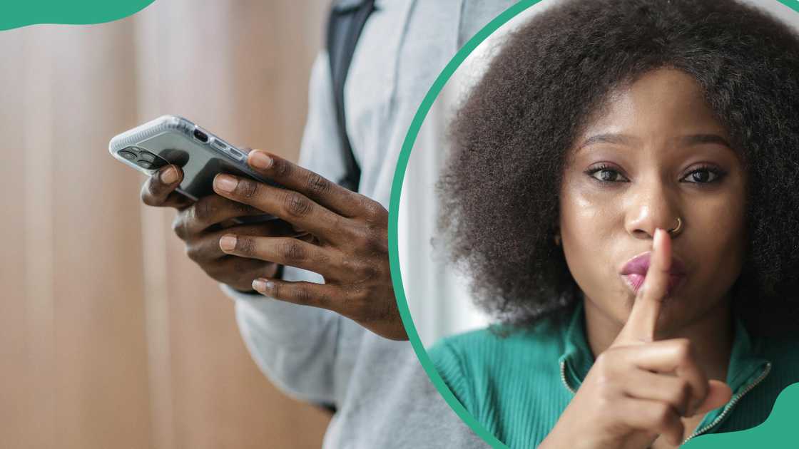 A person holding their phone and a woman making the "secret" sign A person holding their phone and a woman making the "secret" sign