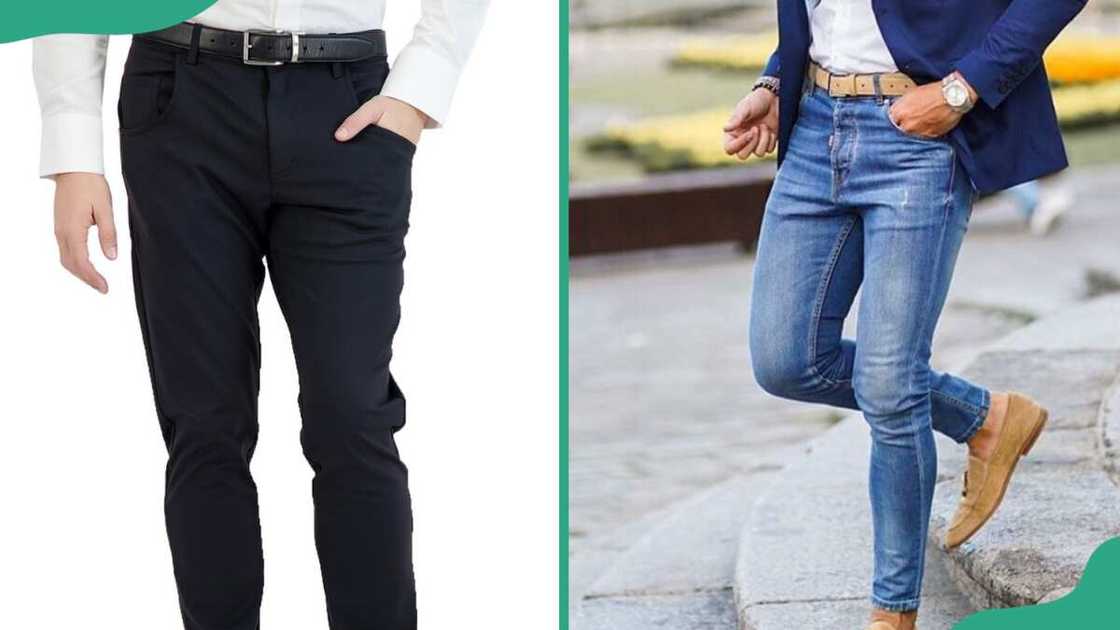 Black chino pants (L). A pair of blue jeans (R). Black chino pants (L). A pair of blue jeans (R).