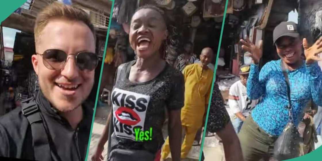 Oyinbo man in awe as market women beg him to patronise them Oyinbo man in awe as market women beg him to patronise them
