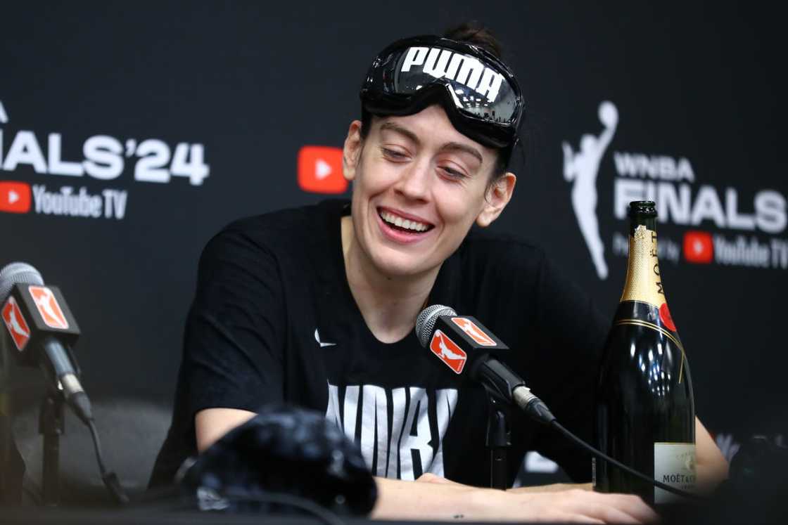 Breanna Stewart smiles at a press conference