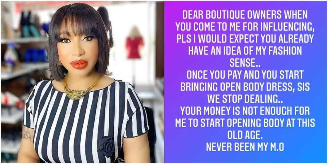 Tonto Dikeh calls out vendors who send her revealing clothes to wear, says she is too old for that