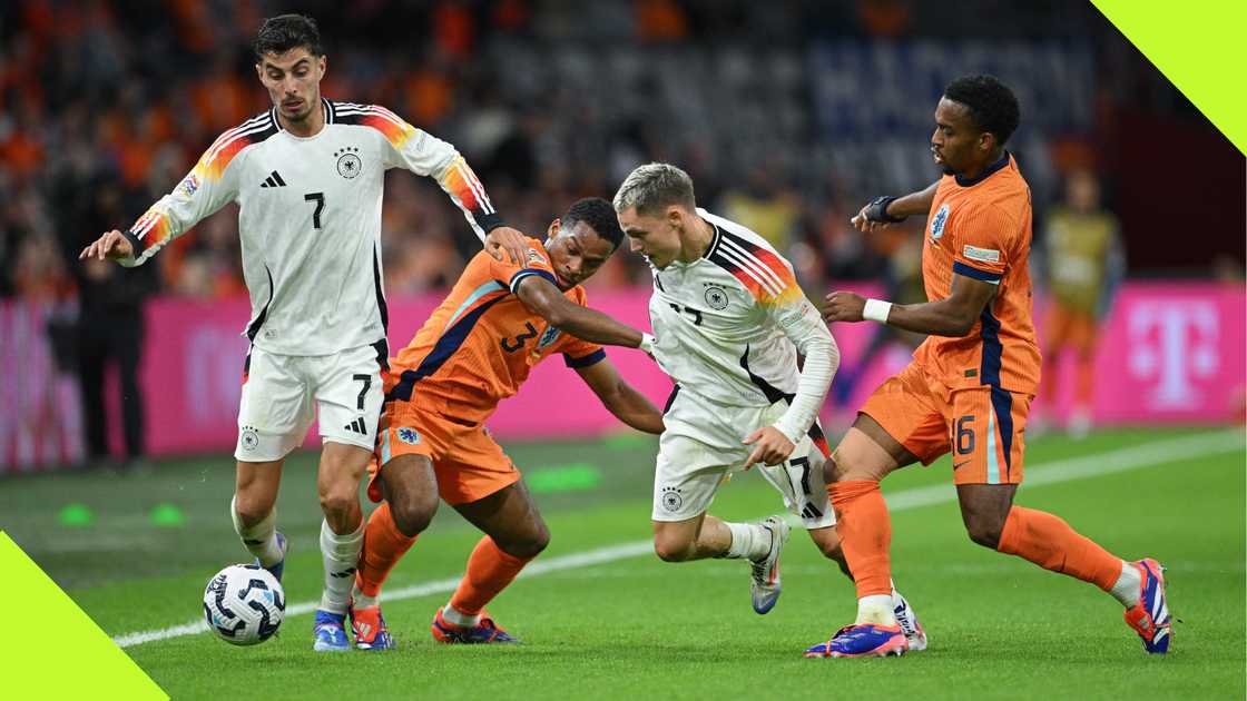 Jurrien and Quinten Timber competes for the ball against Kai Havertz and Florian Wirtz. Jurrien and Quinten Timber competes for the ball against Kai Havertz and Florian Wirtz.