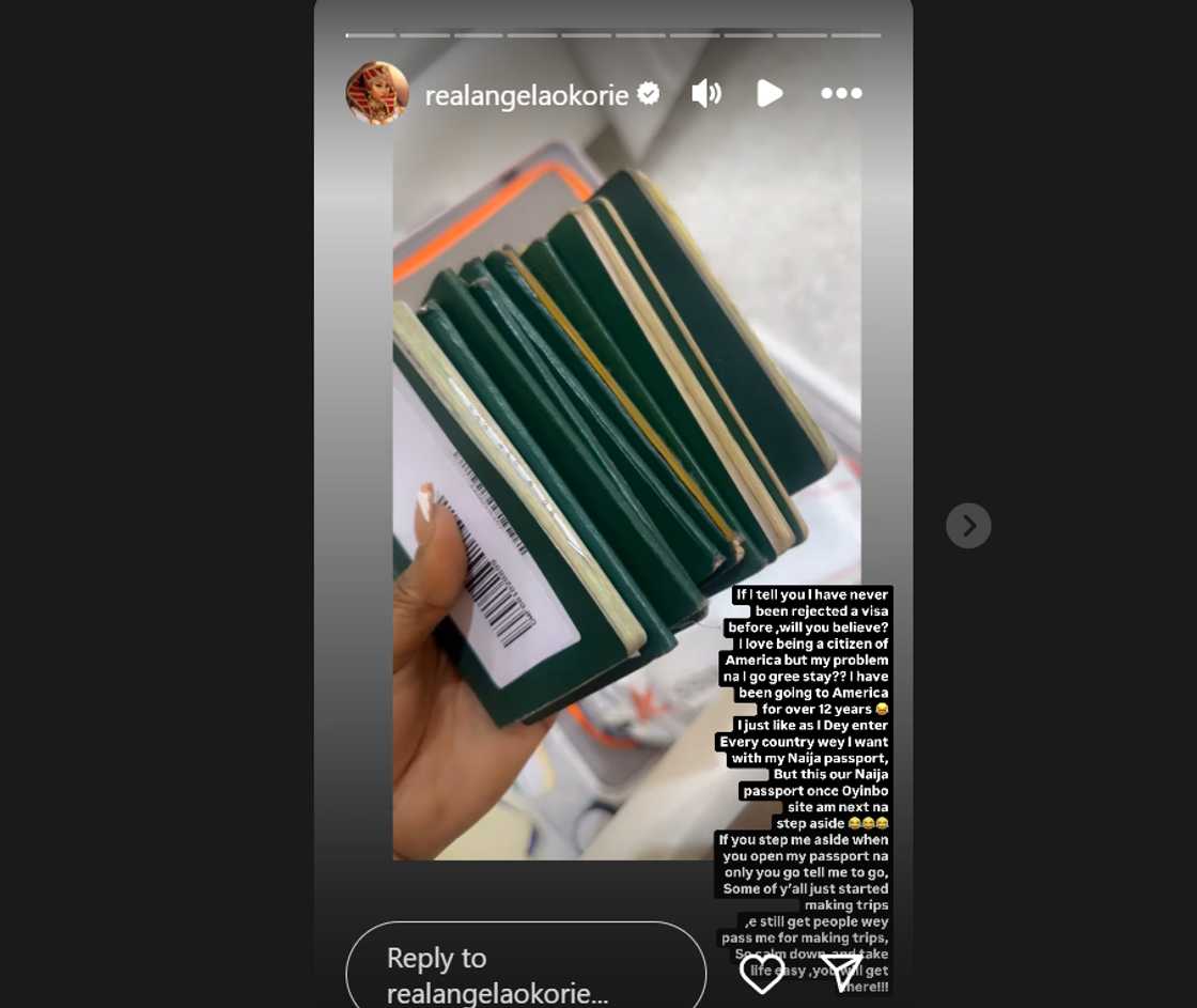 Angela Okorie flaunts used passports, says she's never been denied visa. Angela Okorie flaunts used passports, says she's never been denied visa.