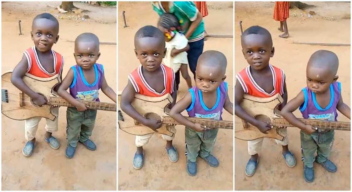 Photos of two boys playing with a guitar. Photos of two boys playing with a guitar.