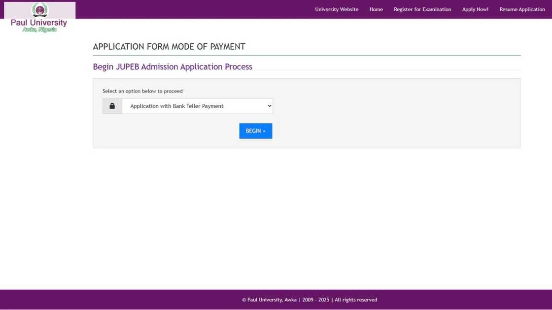 A screenshot of the Paul University JUPEB application e-portal landing page. A screenshot of the Paul University JUPEB application e-portal landing page.