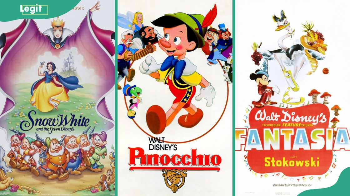 Snow White And The Seven Dwarfs (L), Pinocchio (C), and Fantasia poster (R)