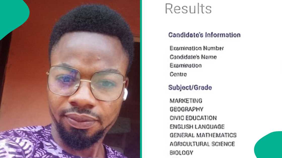 Nigerian man shares his nephew's WAEC result. Nigerian man shares his nephew's WAEC result.