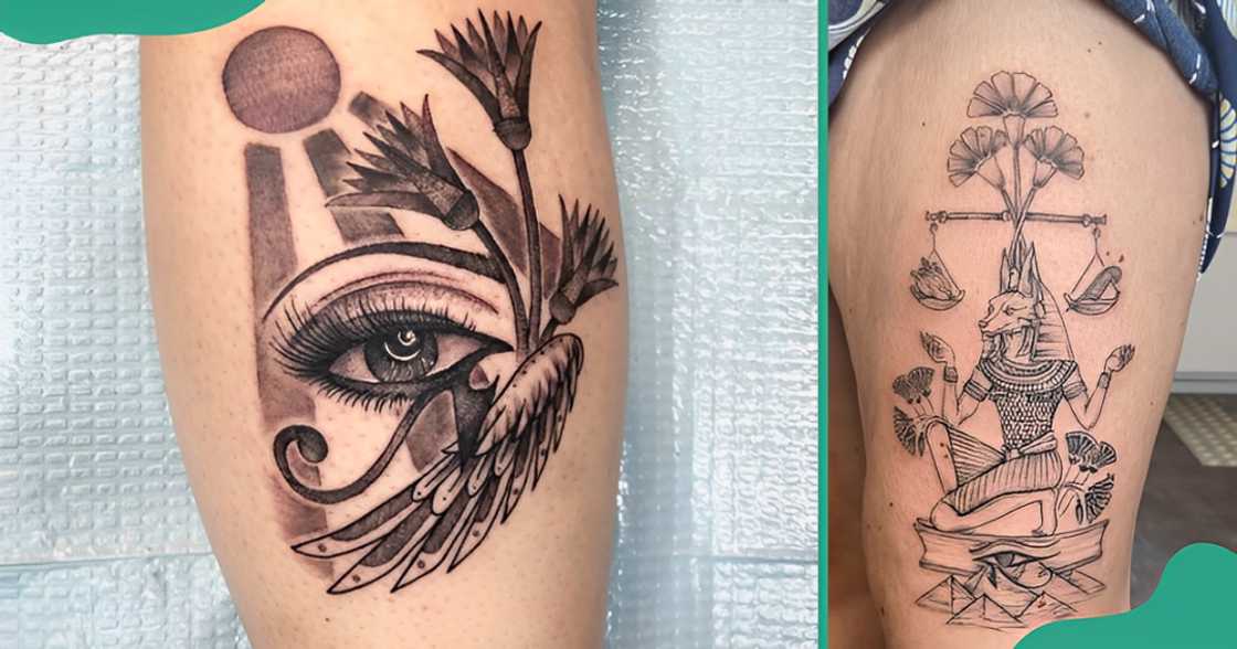 Eye of Horus tattoo with papyrus on the legs Eye of Horus tattoo with papyrus on the legs