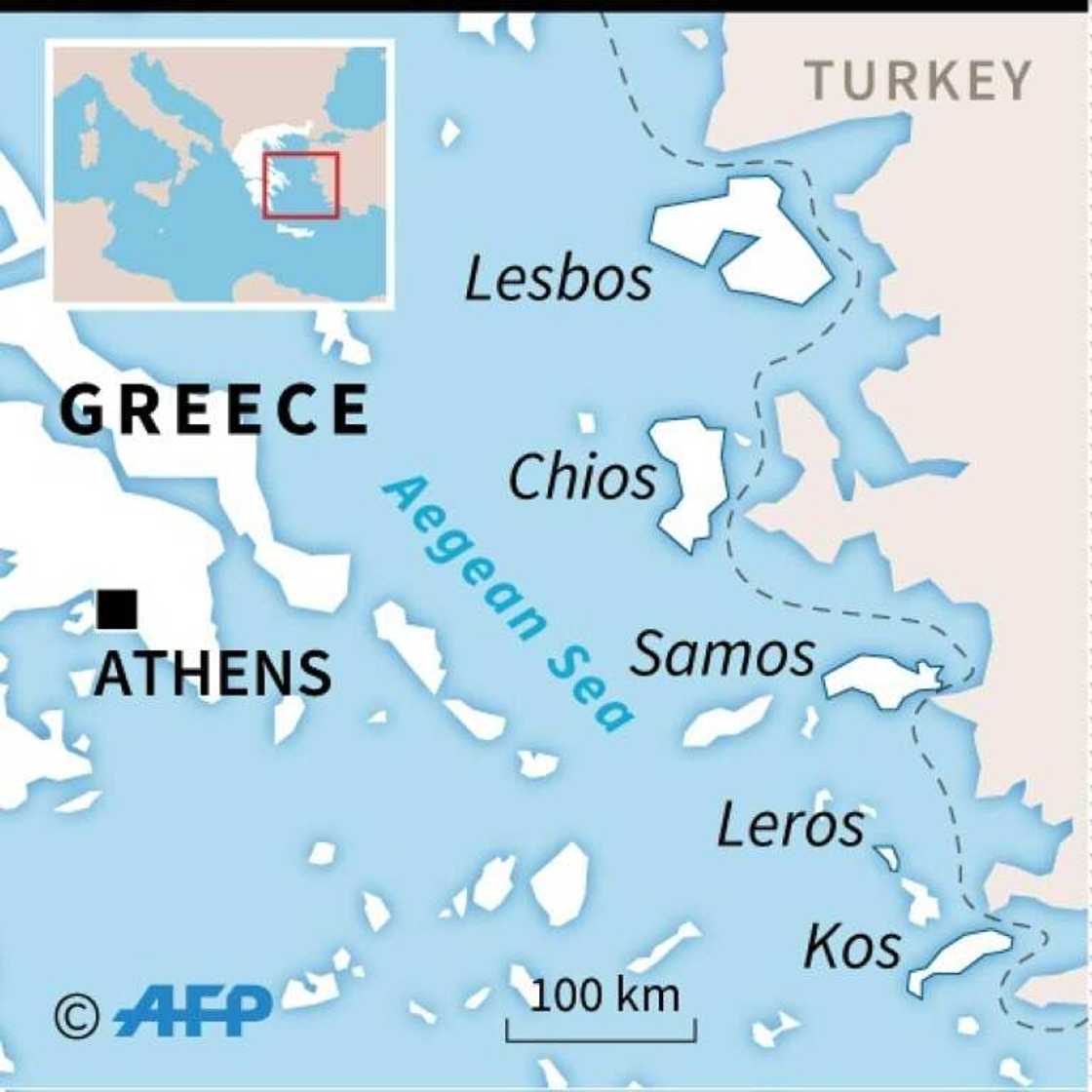 Map of the Aegean locating the Greek islands of Lesbos, Samos, Chios, Leros and Kos Map of the Aegean locating the Greek islands of Lesbos, Samos, Chios, Leros and Kos