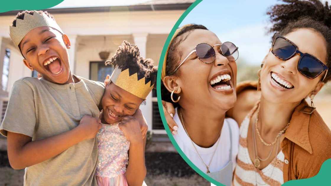 Brother and sister playing outside (L). Girl friends hugging outdoors (R) Brother and sister playing outside (L). Girl friends hugging outdoors (R)
