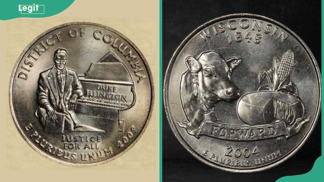 2009-D District of Columbia DDR quarter business strike (L). 2004-D Wisconsin Quarter Extra Leaf Low (R). 2009-D District of Columbia DDR quarter business strike (L). 2004-D Wisconsin Quarter Extra Leaf Low (R).