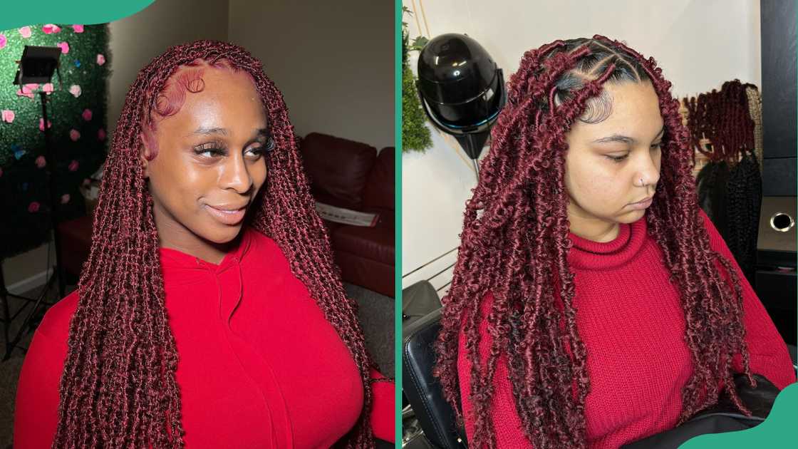 Small and medium burgundy butterfly locs Small and medium burgundy butterfly locs
