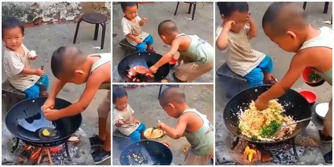 Reactions as little boy prepares 'rice' himself over wood fire and dishes to his sibling in cute video Reactions as little boy prepares 'rice' himself over wood fire and dishes to his sibling in cute video