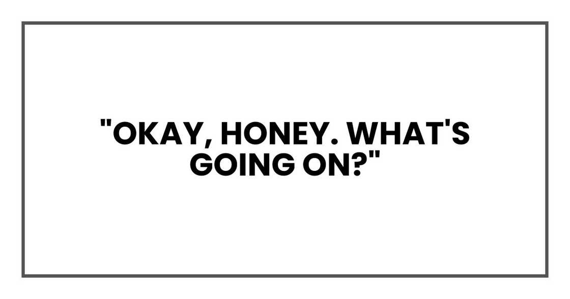 "Okay, honey. What's going on?" "Okay, honey. What's going on?"