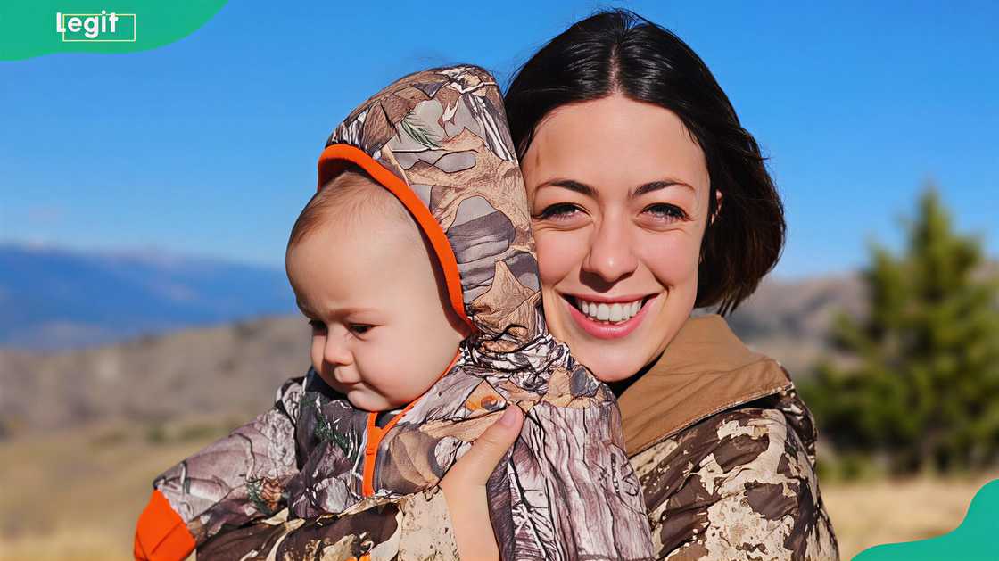 Danielle Warren in a peaceful and natural, with soft sunlight illuminating her face and the baby