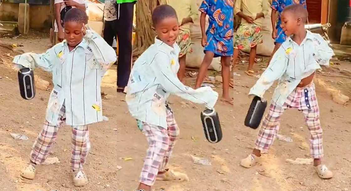 Photos of a young boy posing for dance in public.