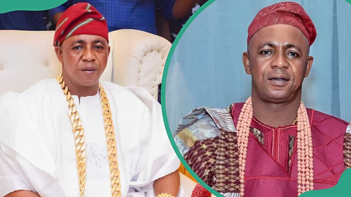 Oniba Ekun in a white traditional attire with gold accents (L). Oniba Ekun in red traditional attire (R). Oniba Ekun in a white traditional attire with gold accents (L). Oniba Ekun in red traditional attire (R).