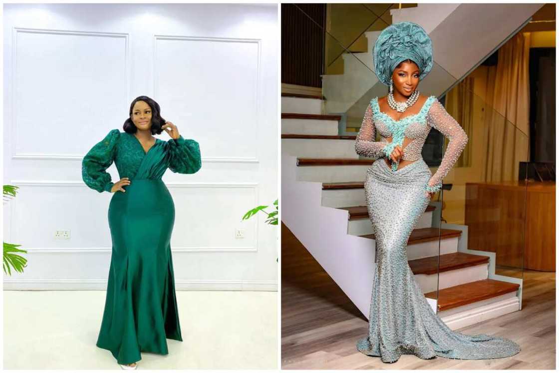 Two ladies showcasing different designs of mermaid gown style Two ladies showcasing different designs of mermaid gown style