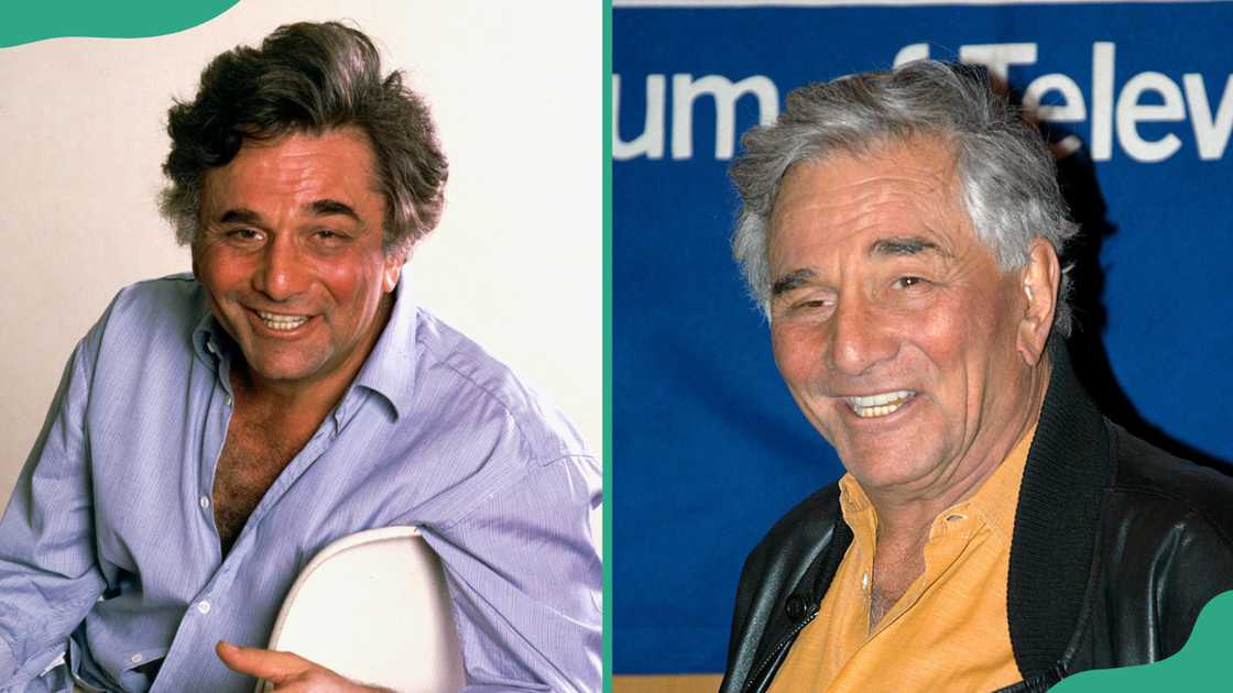 Peter Falk relaxing in a white chair and at the Directors Guild of America