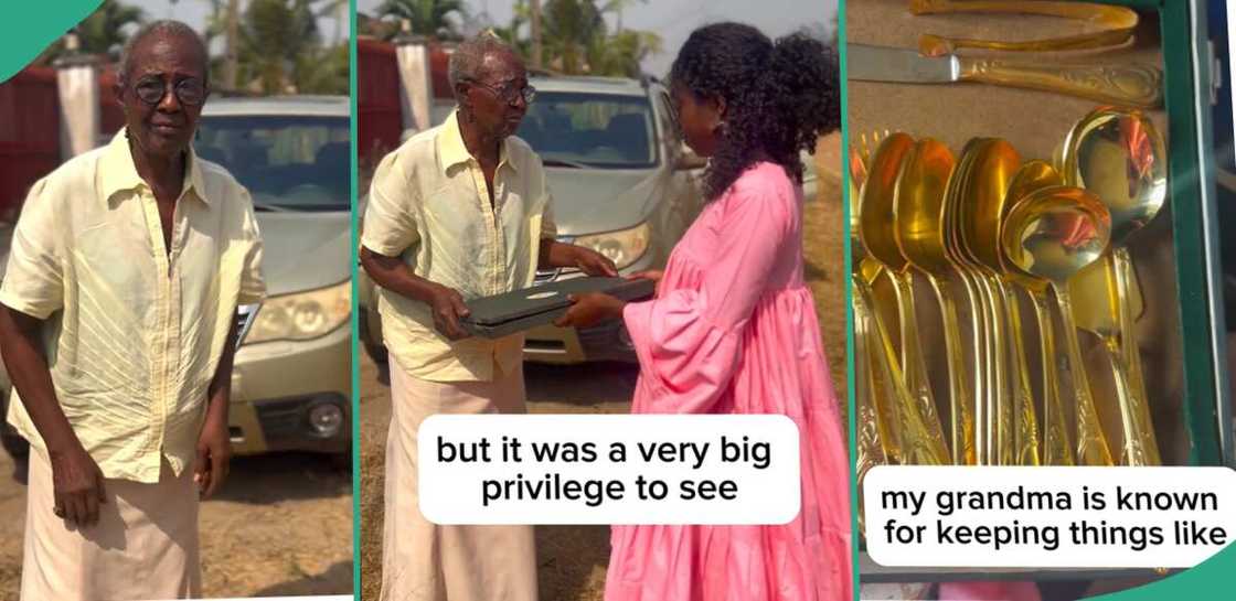 Grandmother gives cutleries to her granddaughter.