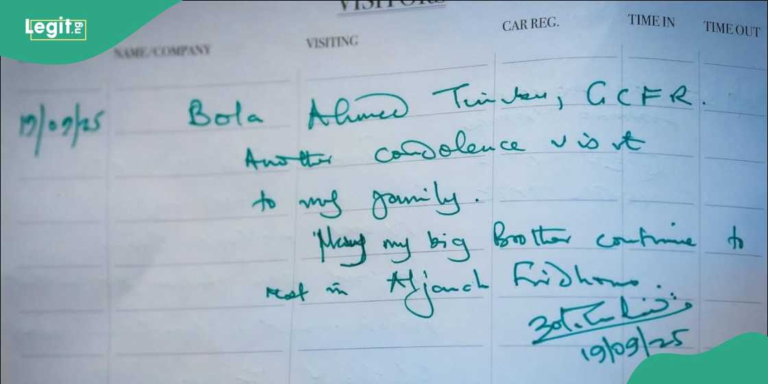 The condolence register bearing Tinubu’s handwritten tribute to Buhari. The condolence register bearing Tinubu’s handwritten tribute to Buhari.