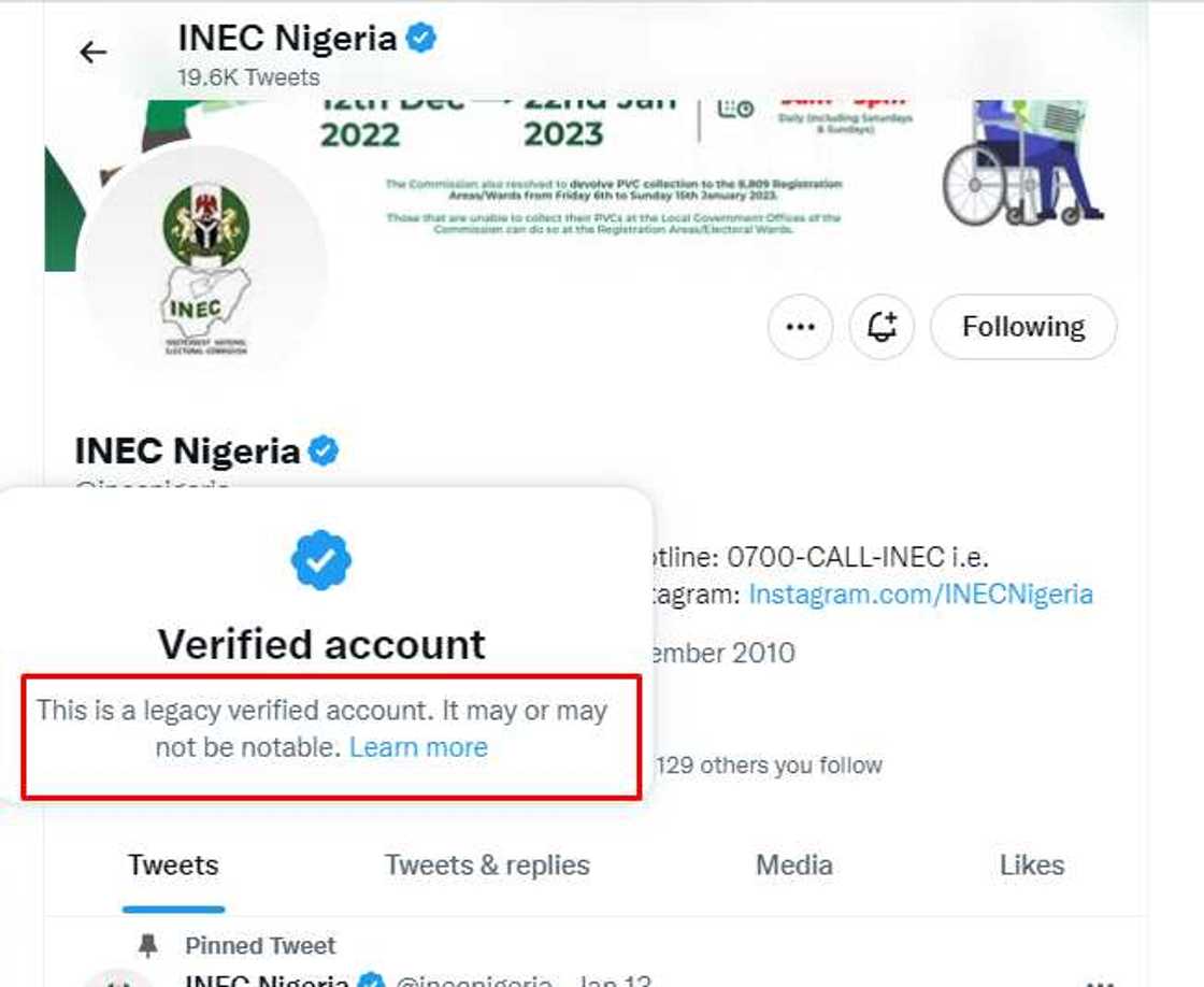 INEC Twitter page/Still has blue tick. INEC Twitter page/Still has blue tick.